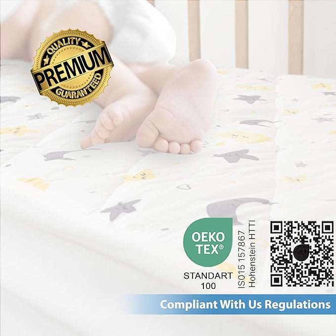 Waterproof Crib Mattress Protector Sheets,%100 Cotton Fabric, Absorbent Crib/Toddler Mattress Protector, Quilted, Certified, Noiseless Machine Wash, Moon&Star Pattern 52"x28" (Small Single, 2, Pack)