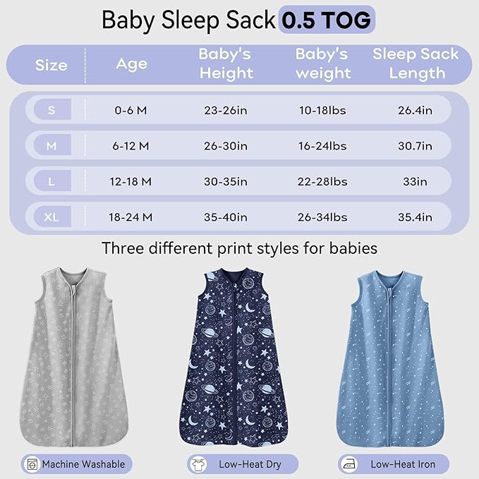 Baby Sleep Sack 6-12 Months 3 Pack 100% Cotton Lightweight 0.5 TOG Wearable Blanket Baby Sleep Bag with 2-Way Zipper for Newborn Infant Blue