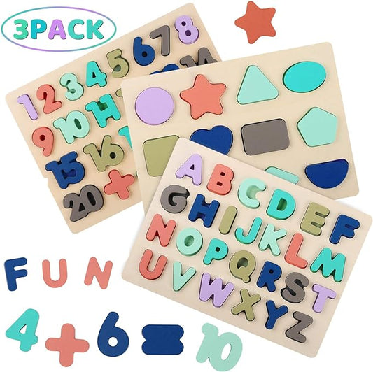 Wooden Puzzles for Toddlers, Kesletney Wooden Alphabet Number Shape Learning Puzzles for Kids, Preschool Educational Toys Gift for Boys Girls Ages 3 4 5 6 Years Old