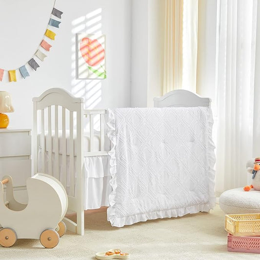 Mini Crib Bedding Set 3 Pieces Baby Boho Quilted Tufted Ruffles Comforter with Fitted Sheet and Ruffled Bed Skirt - Cute Shabby Baby Bedding Fits Mini Crib Only White