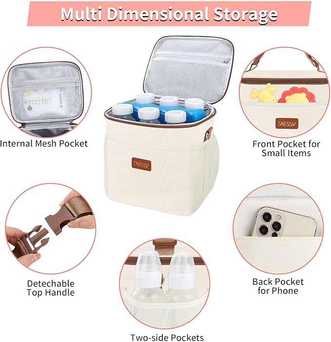 Breastmilk Cooler Bag with Ice Pack - Breast Milk Cooler Travel Bag Fits 6 Bottles Up to 11 Oz Insulated Baby Bottle Cooler Bag Breastmilk Storage Bag Cooler Perfect for Nursing Mom Daycare, Beige