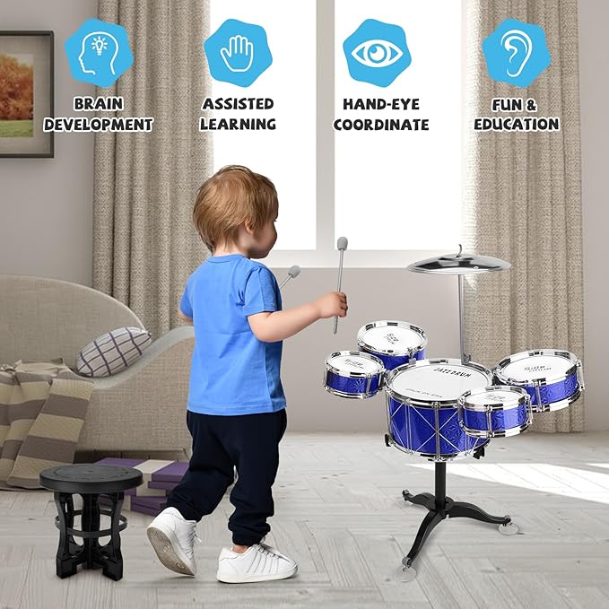 Toddler Drum Set Kids Jazz Drum Kit 8 Piece - Educational Percussion Musical Instruments Drum Toy Playset Christmas Birthday Gift for Boys Girls, Blue