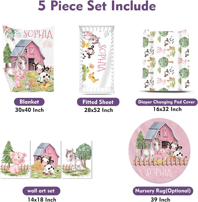 Personalized Nursery Crib Bedding Set: Custom Name 5 Piece Baby Crib Sets with Animal House Design - Toddler Double Layer Blanket Set, Comfortable Crib Bed Sheets for Baby Grils