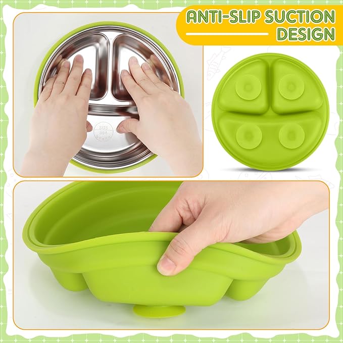 Nuogo 1 Pcs Stainless Steel Baby Suction Plates with Removable Silicone Shell 2-in-1 Metal Toddler Bowl Divided for Picky Eaters Kid Feeding Led Weaning Supply, Dishwasher Safe (Green)