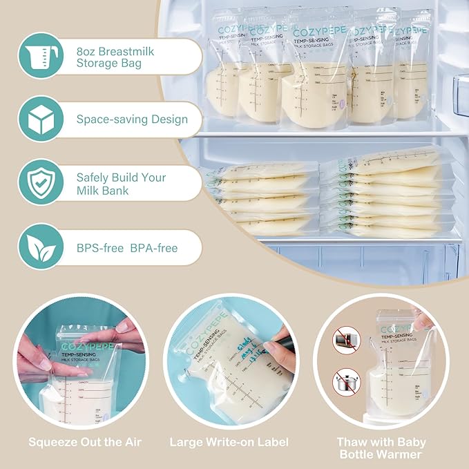 100 Pcs Breastmilk Storage Bags, 8Oz Breast Milk Storing Bag with Pour Spout, Temperature-Sensing Color Change Milk Bag for Convenient Breastfeeding, No Leak Presterilized for Freezer