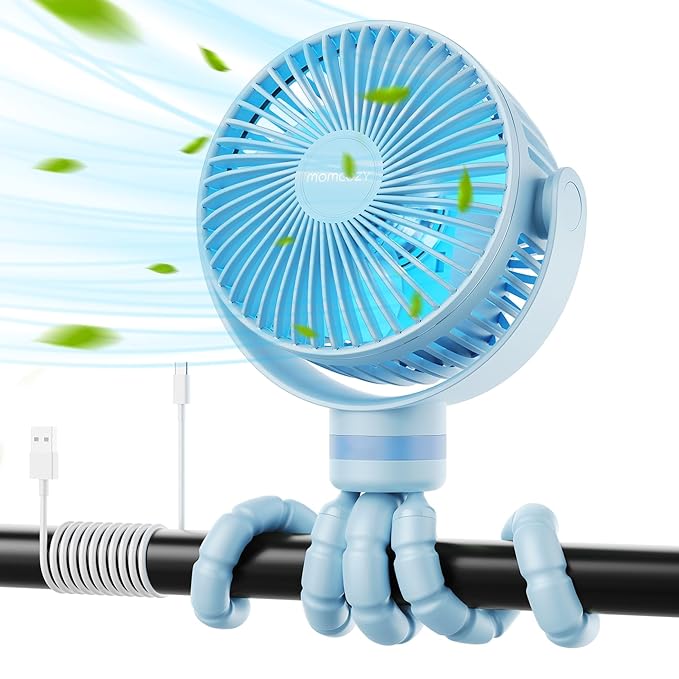 Momcozy Portable Stroller Fan, 8000mAh, 27H Ultra-long Battery Life, Detachable 4 Speed 360°Rotate, LED Night Light with 2 Modes, USB Rechargeable Handheld Cooling Fan for Travel, Car Seat, Bedroom