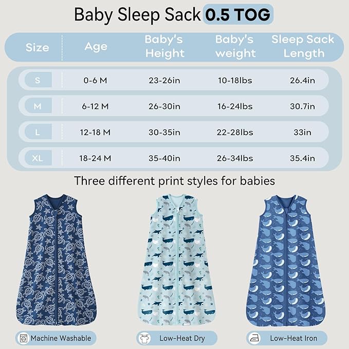 Baby Sleep Sack 12-18 Months 0.5 Tog Wearable Blanket Baby, 3 Pack 100% Cotton Lightweight Sleeping Sack with 2-Way Zipper for Infant Toddler Shark
