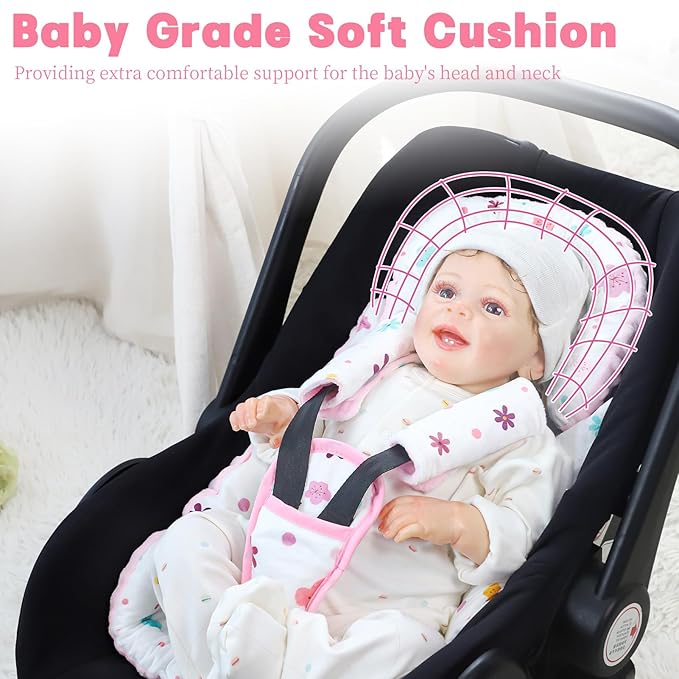 Infant Car Seat Insert with 3 Strap Covers, 3 in 1 Reversible Floral Baby Car Seat Head Support for Newborn, Baby Girl Newborn Essentials for Preemie to Infant, Stroller, Swing, Bouncer (Pink)