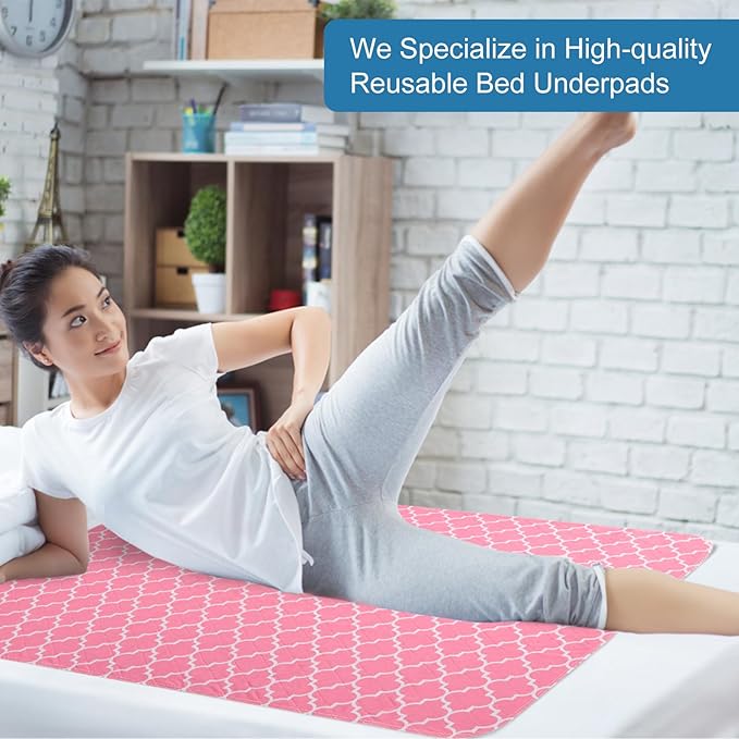 OUTCREATOR® Washable Bed Pads 34" x 56" (Pack of 2), Incontinence Mattress Protector, Anti-Slip Waterproof Underpads for Adults Kids Elderly Pets, Absorbency & Reusable Bedwetting Pads (Pink)