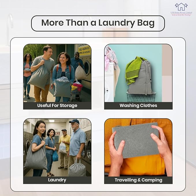 LFH Home Cotton Canvas Extra Large Laundry Bag with Handle, Heavy Duty Drawstring Closure Washable Laundry Bags, School Travel, Home, Hotel, College Dorm, Organizer Sack, Toys Clothes 28x40-Grey