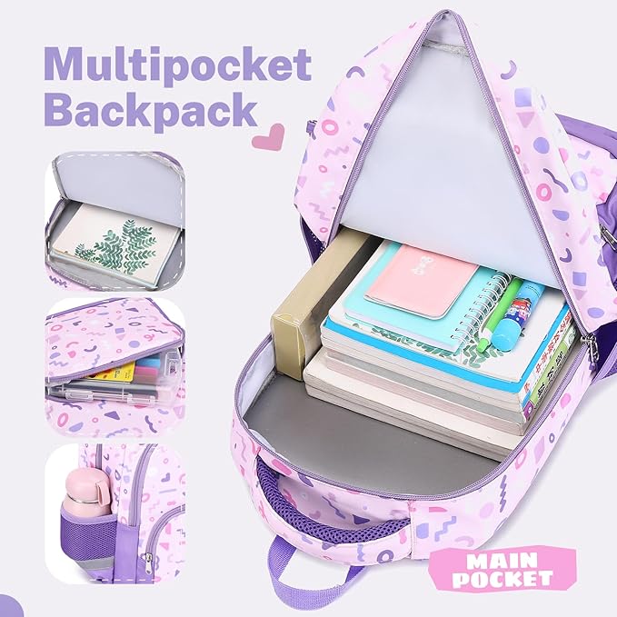 mygreen 3PCS Kids Backpack Set - Waterproof Bookbag with Lunch Box for Girls Ages 3-12, Adorable Cartoon Prints for School & Outdoor Use Purple