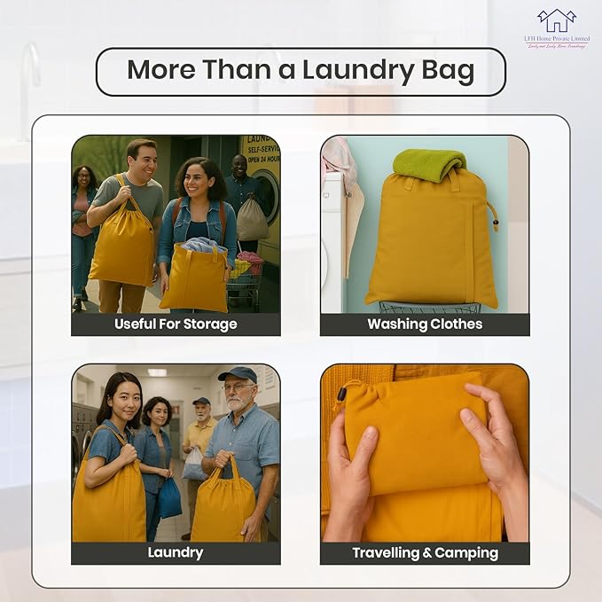 LFH Home Cotton Canvas Large Laundry Bag with Handle, Heavy Duty Drawstring Closure Washable Laundry Bags, School Travel, Home, Hotel, College Dorm, Organizer Sack, Toys Clothes 28x36-Yellow