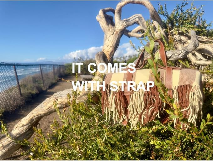 Picnic Blanket Extra Large Waterproof with Strap 59"x79" - Machine Washable Tassels Faux Wool Cashmere for Park, Grass, Camping, Hiking, Concerts (Coffee Plaid, 59"X79")