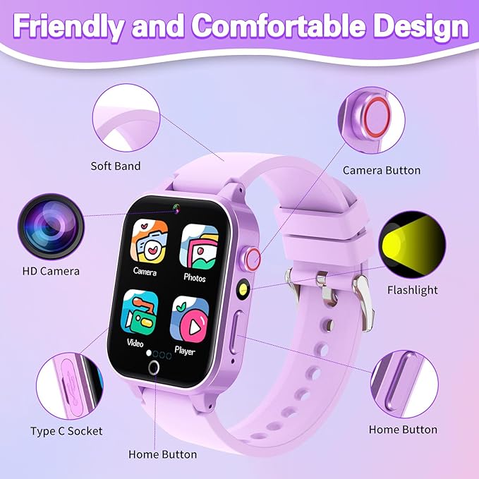 Vakzovy Kids Smart Watch Girls Gift for Girls Age 6-12, HD Touchscreen Kids Watch with 26 Games Camera Video Music Player Pedometer Educational Toys Christmas Birthday Gifts 5 6 7 8 9 10 Year Old