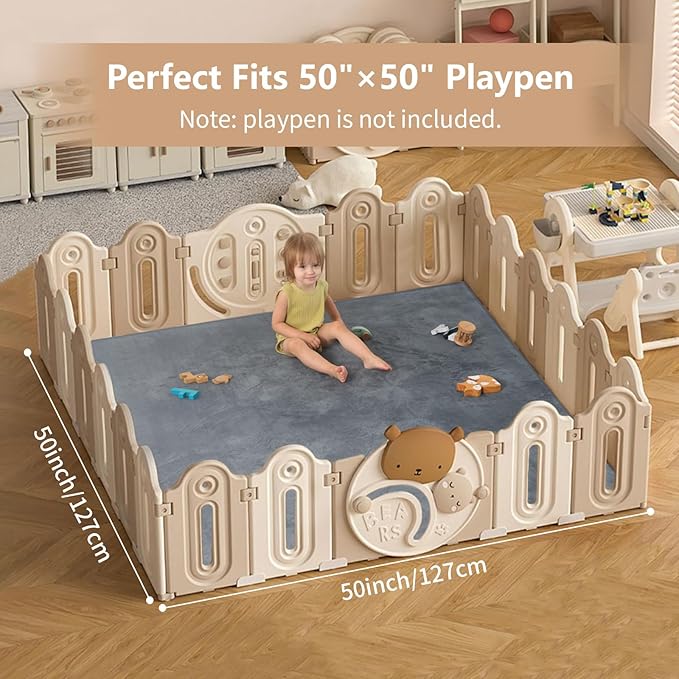 Baby Play Mat for Floor,1.3" Thick Elasti-Foam 50"×50" Playpen Mat for Tummy Time,Water Repellent Soft Coral Velvet for Toddler,Infant,Kids,Non-Slip Backing Safe for Crawling(Dark Grey)