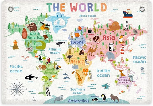 World Map Banner Playroom Decor Wall Hanging, Playroom Wall Decor Educational Banner Flag, Cute Cartoon Animal Wall Flag Nursery Bedroom Toddler Room Decor Classroom Decorations, Banner for Room