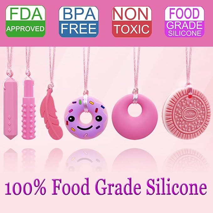 Chew Necklaces for Sensory Kids, Silicone Chewy Necklace for Children with Autism, ADHD, SPD, Chewing, 6 Pack Autism Sensory Toys