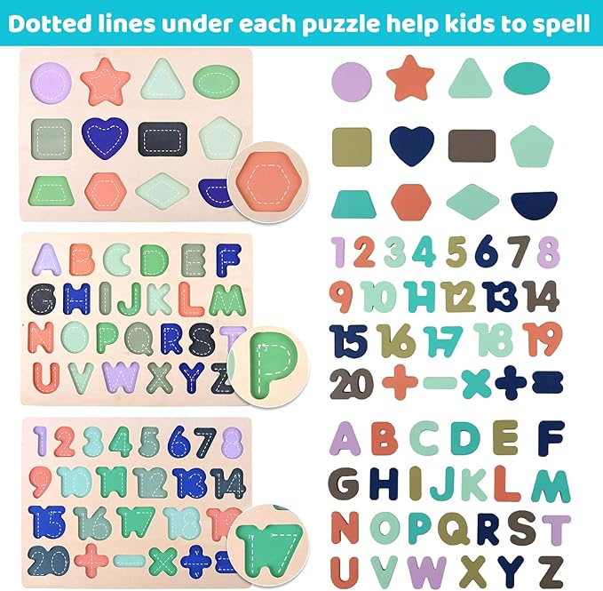 Wooden Puzzles for Toddlers, Voamuw Wooden Alphabet Number Shape Puzzle Toddler Education Learning Toys for Kids Ages 3 4 5 Years Old (Set of 3)