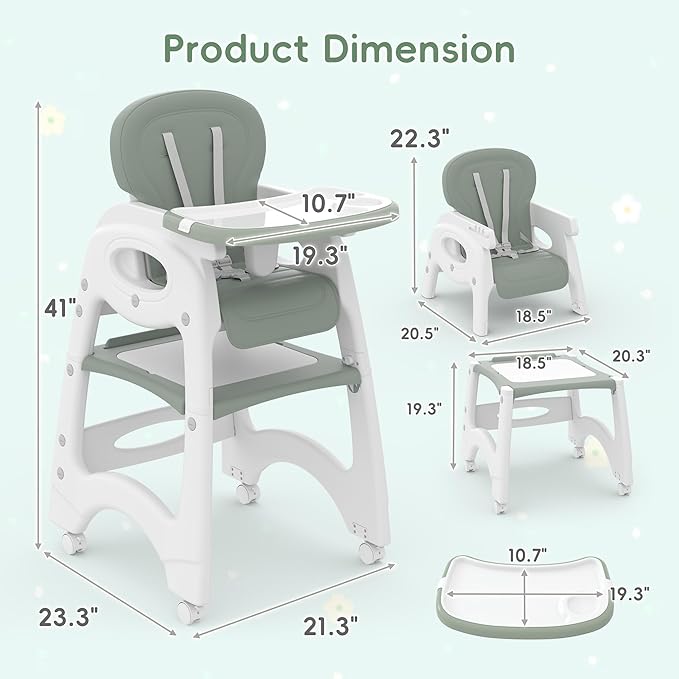 Xilingol 8 in 1 Convertible Baby High Chair W/Wheels, Baby Feeding Chair W/Adjustable Backrest & Removable Dual Tray, Building Block Table & Chair Set, HighChair for Babies & Toddlers (Green)
