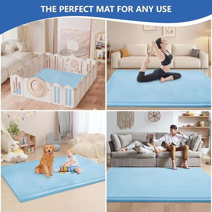 Baby Play Mat for Floor,1.3" Thick Memory foam Tummy Time Mat,Soft Coral Velvet Nursery Rug for Toddlers,Infants,kids,Extra Large Non Slip for Crawling,Tatami Style(Light Blue)
