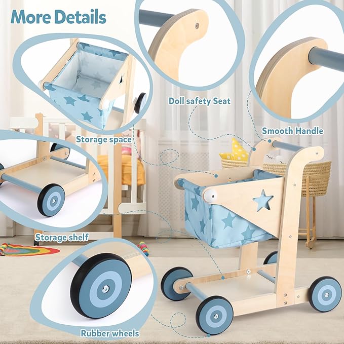 Asweets 2 in 1 Wooden Baby Walker Push and Pull Doll Stroller, Shopping Cart Learning Walker for Boys and Girls, Sit Stand Learning Toddler Toy (Blue)