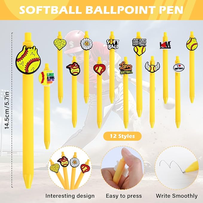 LiYiQ 72 Pcs Softball Party Favors Softball Team Gifts Softball Goodie Bags Stuffers Softball Ballpoint Pens Bookmark Card and Silicone Bracelet