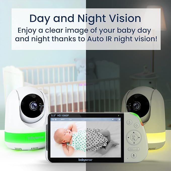 Babysense 5.5" Full-HD Split-Screen Baby Monitor, 1080p Video Baby Monitor with Camera and Audio, 3 Cameras with 6-Color RGB Night Light, 1000ft Range, Two-Way Audio, 4X Zoom, Large Battery