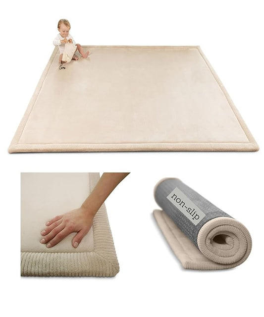 Premium Baby Play Mat 60”x 80” Beige – Cloud-Soft Coral Velvet Memory Foam Rug for Crawling & Play – Non-Slip, Water-Resistant, Care Tummy Time Mat – Non-Toxic Padded Playmat