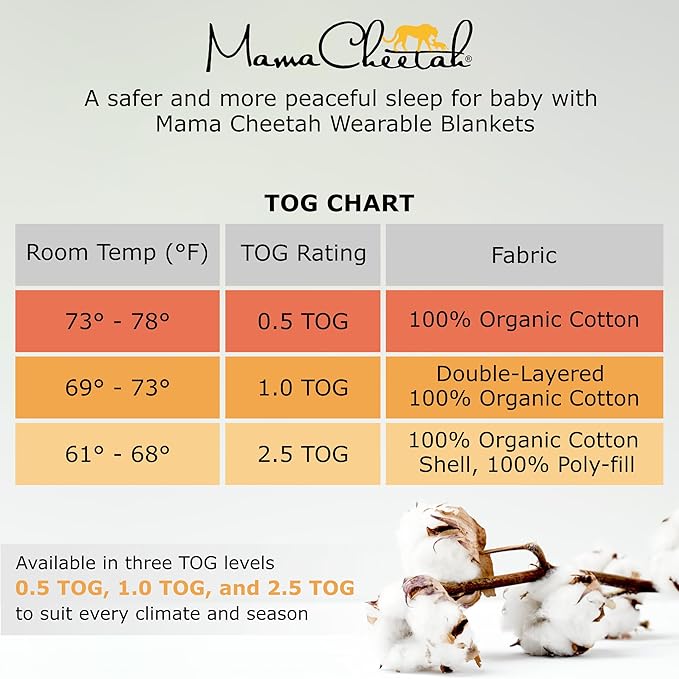 Mama Cheetah Baby Sleep Sack 0.5 TOG, Organic Cotton Baby Wearable Blanket with Two-Way Zipper, Swaddle Transition Baby Sleeping Bag for Newborn Infant Toddler Boy Girl, 6-12 Month