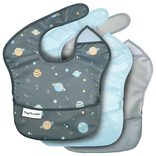 Tiny Twinkle Mess Proof Baby Bibs for Eating - Waterproof, Wipeable Bibs - Toddler Bibs - Travel Friendly - PFAS, PVC, BPA, Phthalate Free - Baby Food Bibs(3 Pack, Space)