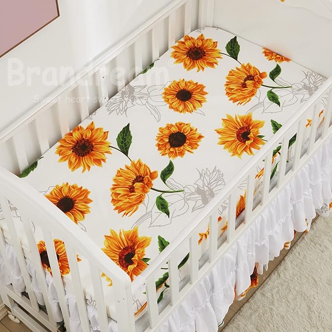 Brandream Nursery Bedding Farmhouse Floral Baby Bedding Yellow White Crib Blanket Set Sunflower Girls Boho Fitted Sheet,6 Piece