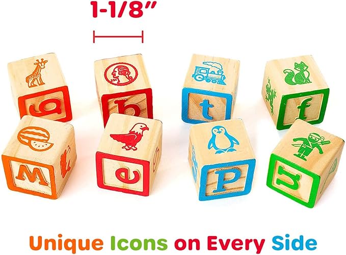 Building Blocks for Toddlers 1-3 Years Old, 30 Large Stackable Wooden Baby Blocks with Alphabet and Number Icons on Every Side, Toy Wagon Included﻿