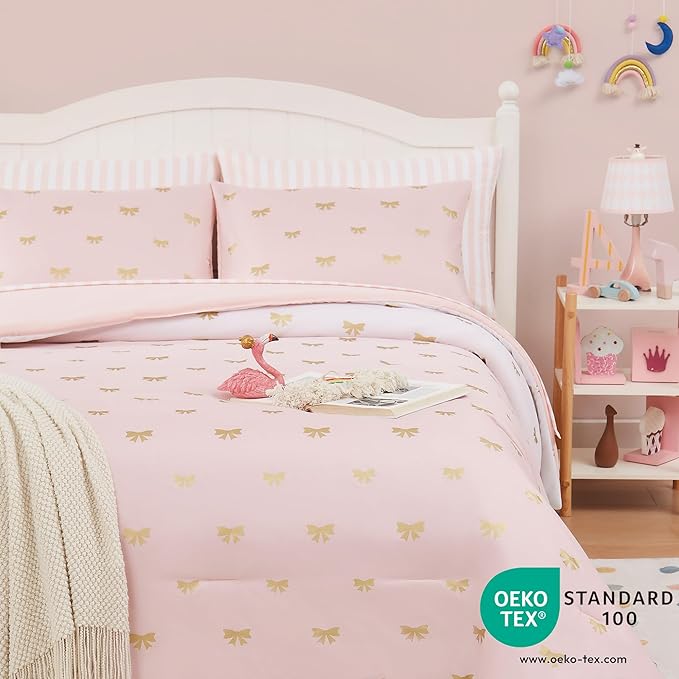Twin Comforter Set with Sheets for Girls-5 Pieces Twin Bedding Sets with Pink Comforter, Sheets, Pillowcase & Sham for Kids (Pink Gold Bow, 66" X 86")
