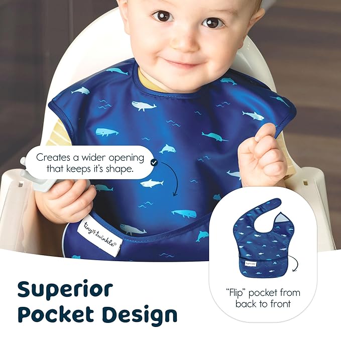 Tiny Twinkle Mess Proof Baby Bibs for Eating - Waterproof, Wipeable Bibs - Toddler Bibs - Travel Friendly - PFAS, PVC, BPA, Phthalate Free - Baby Food Bibs(3 Pack,Sea, Dino)