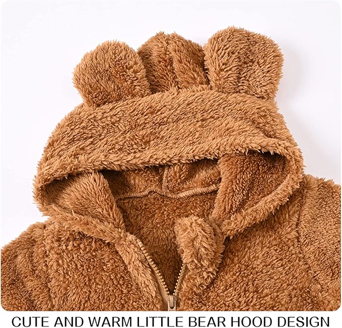 Baby Fleece Jumpsuits Infant Bear Ear Snowsuit Newborn Hooded Romper Warm Coat