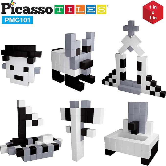 PicassoTiles 101pc Magnetic Puzzle Cube Set Black and White 1 Inch Construction Blocks STEM Educational Toy for Kids Age 3 Plus Sensory Learning Kit with Idea Book for Building and Creativity PMC101