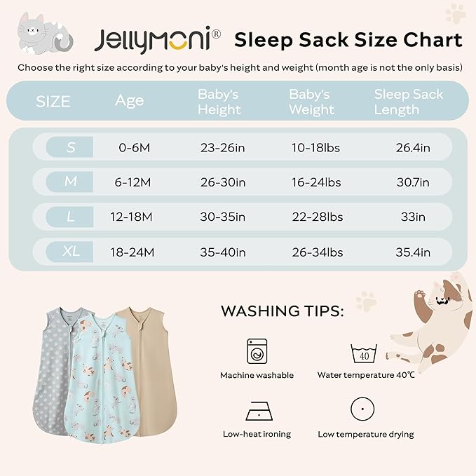 JELLYMONI Baby Sleep Sack 18-24 Months Wearable Blanket for Baby, 100% Cotton 2 Pack Infant Toddler Sleeping Sack Lightweight Soft 2-Way Zipper Sleepsack