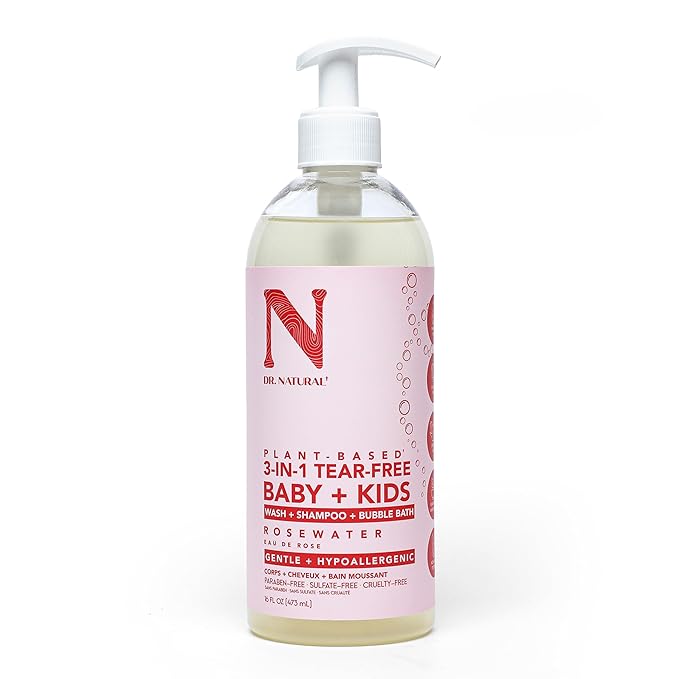 Dr. Natural 3-in-1 Tear-Free Baby Plus Kids Soap - Head-to-Toe Soap and Shampoo - Sensitive Skin Moisturizing Body Wash - Rosewater - 16 oz