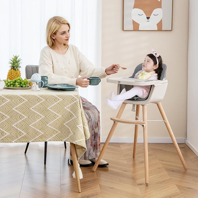 BABY JOY Baby High Chair, 3-in-1 Convertible Wooden Highchair for Babies & Toddlers, Infant Feeding Chair w/ 5-Point Safety Harness, Footrest, Adjustable Legs, Removable Tray & PU Cushion (Dark Gray)