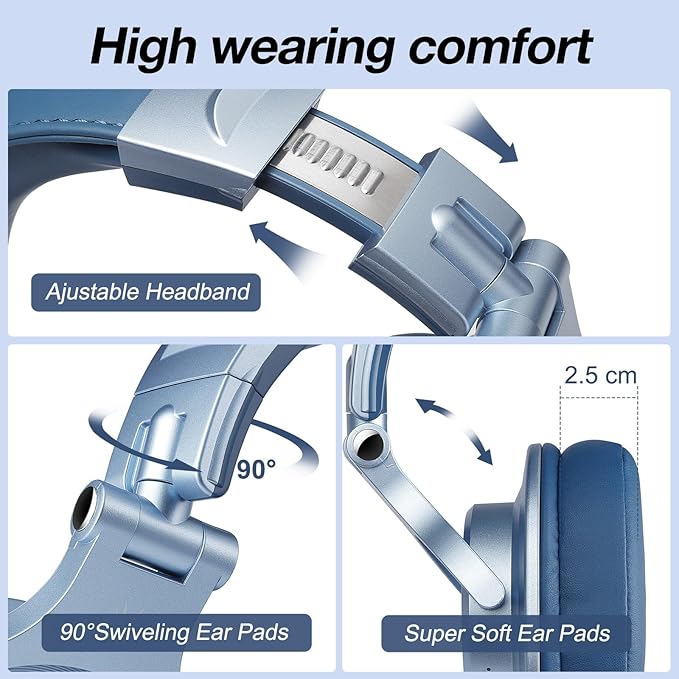 OneOdio A70 Bluetooth Over Ear Headphones, Wireless Headphones w/ 72H Playtime, Hi-Res, 3.5mm/6.35mm Wired Audio Jack for Studio Monitor & Mixing DJ Guitar AMP, Computer Laptop PC Tablet - Sky Blue