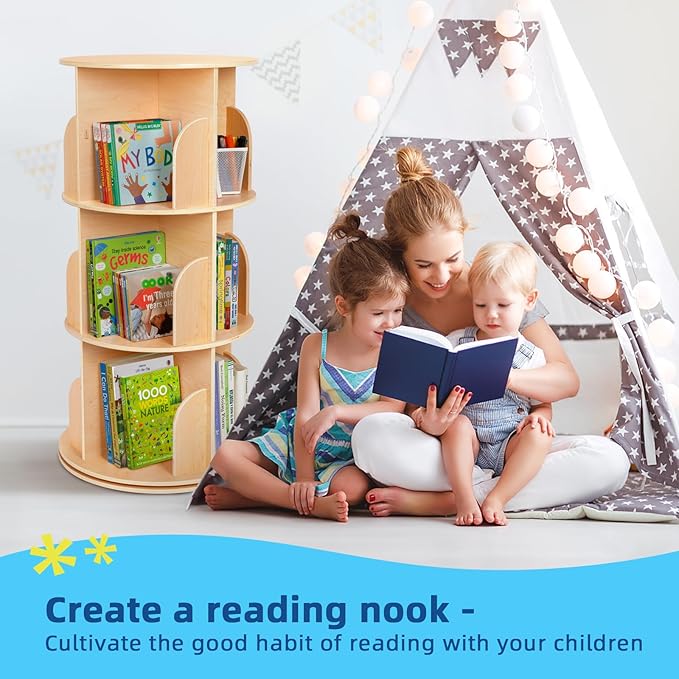 OOOK Kids Rotating Bookshelf, Small Corner Bookshelf for Small Space, 360° Display 3 Tier Floor Standing Bookcase Storage Rack, Wooden Narrow Bookcase Organizer for Bedroom, Living Room