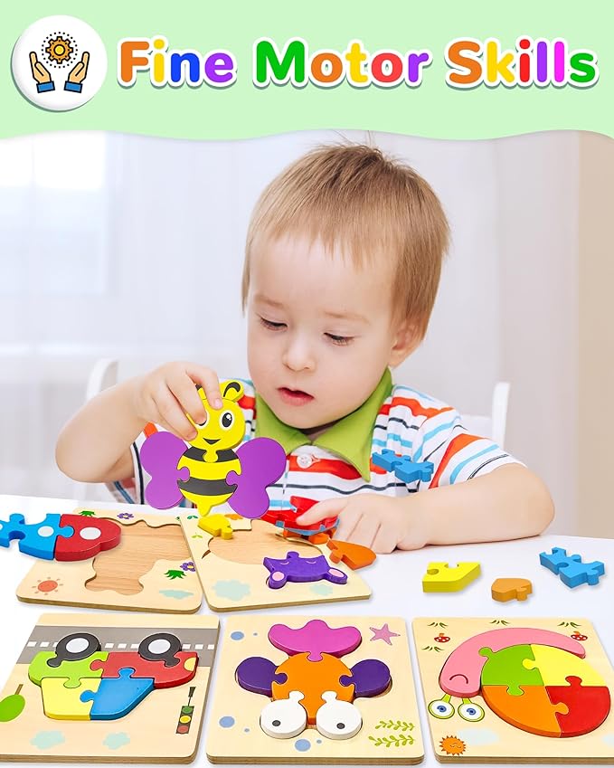 Yetonamr Wooden Toddler Puzzles Gifts Toys for 1 2 3 Years Old Boys Girls, 12 Vehicle Shape Montessori Toy Educational Blocks Kids Toys Gift Baby Learning Toy Age 1-3, 2-4