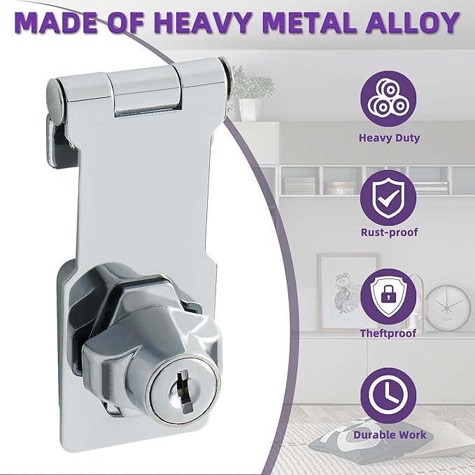 Alise Keyed Hasp Lock,3 Inch Safety Packlock Clasp Hasp Lock Latch with Lock,Door Hinge Lock with Keys Keyed Locking Hasp for Cabinets Closets Doors,Chrome
