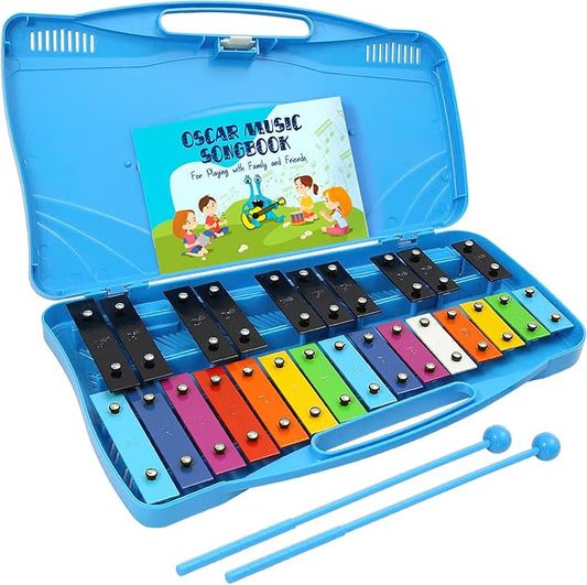 MINIARTIS Glockenspiel Xylophone | 25 Note Colorful Metal Keys Xylophone for Kids | Percussion Musical Instrument | Educational Music Toy Includes Music Songbook, Mallets and Blue Carry Case