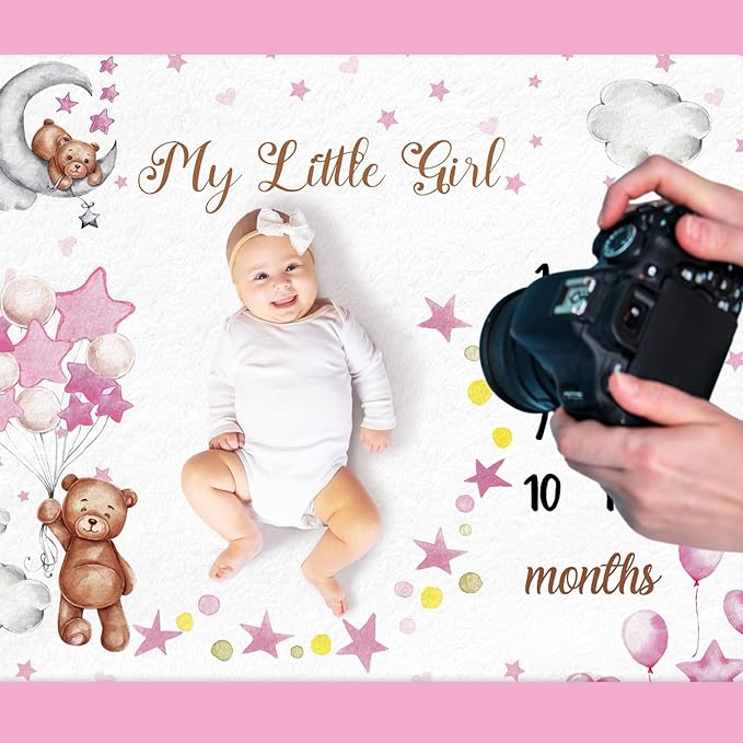 Sleeping Bear Monthly Baby Milestone Blanket Bear Star Balloon Flannel Blanket Boy Newborn Infant Swaddle Growth Chart Baby with Frame for Boys Girls Nursery (Pink)