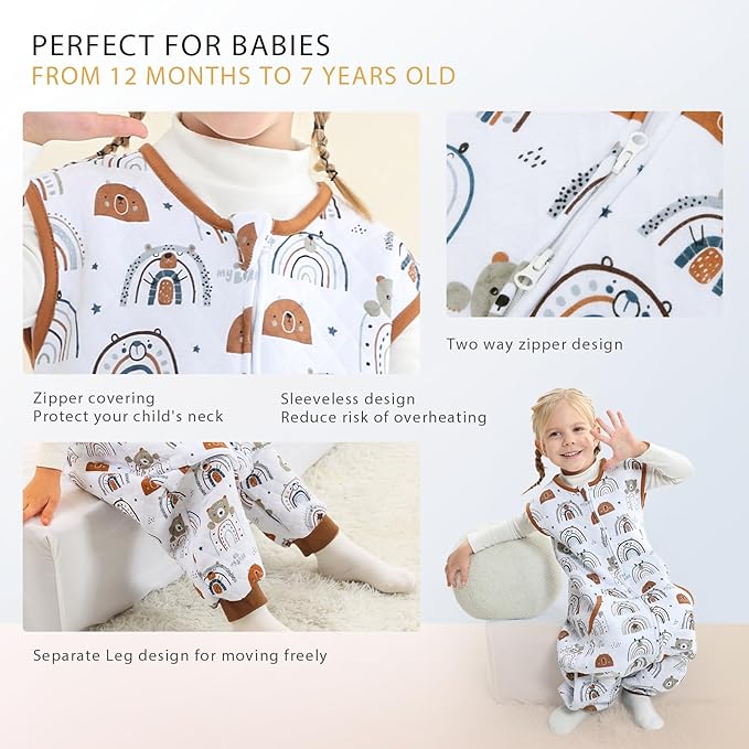 Baby Toddler Sleep Sack with Feet 2.5 TOG Winter, Wearable Blanket with Legs, Toddler Sleeping Sack Long Sleeve (Bear, 3T-5T)