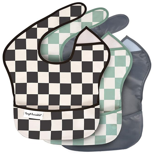 Tiny Twinkle Mess-Proof Baby Bib - Waterproof Bib for Baby Boy or Girl - Machine Washable - Adjustable Closure - PVC, BPA, & Phthalate Free - Great for Travel - Baby Food Bibs (3 Pack, Checkers Boy)