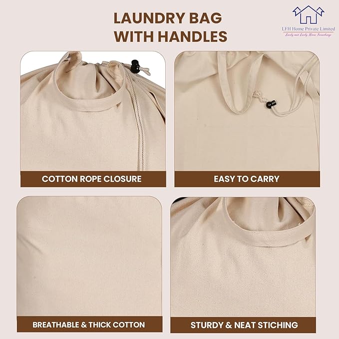 LFH Home Cotton Canvas Extra Large Laundry Bag with Handle, Heavy Duty Drawstring Closure Washable Laundry Bags School Travel, Home, Hotel, College Dorm, Organizer Sack, Toys Clothes 24x36-Natural