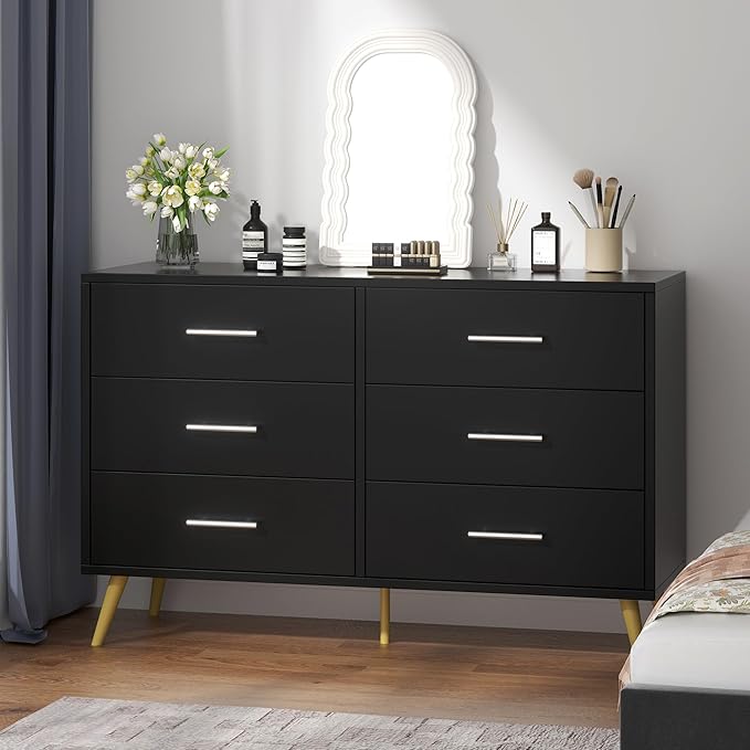 Shintenchi 6 Drawer Dresser, Wide Chest of Drawers Organizer Storage with Drawers, Large Storage Cabinet, Modern Design Dresser for Bedroom, Living Room, Porch, Black
