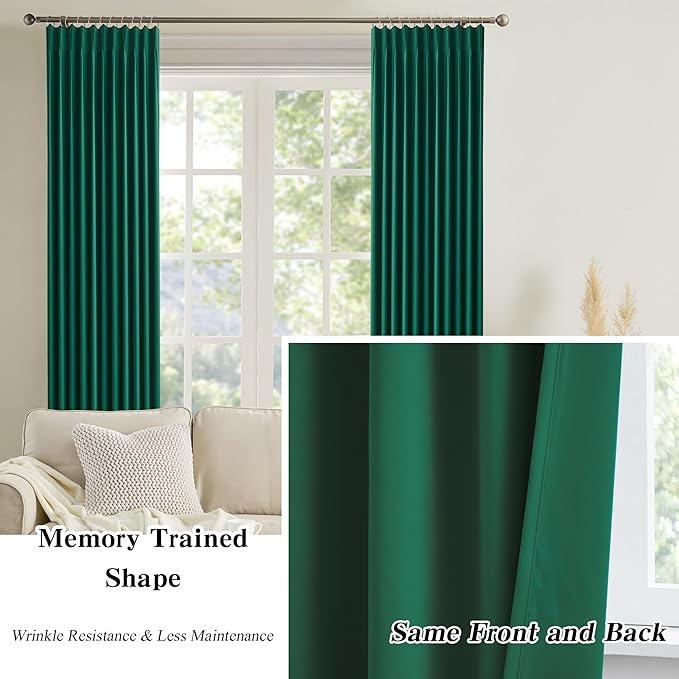 KEQIAOSUOCAI Dark Green Blackout Curtains 72 Inches Long, Pinch Pleated Drapes for Kids Bedroom Bathroom,Emerald Green,40x72,2 Panels